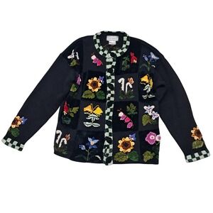 Vintage Claire Murray Sweater Cardigan Women's Medium Black Floral Embroidered
